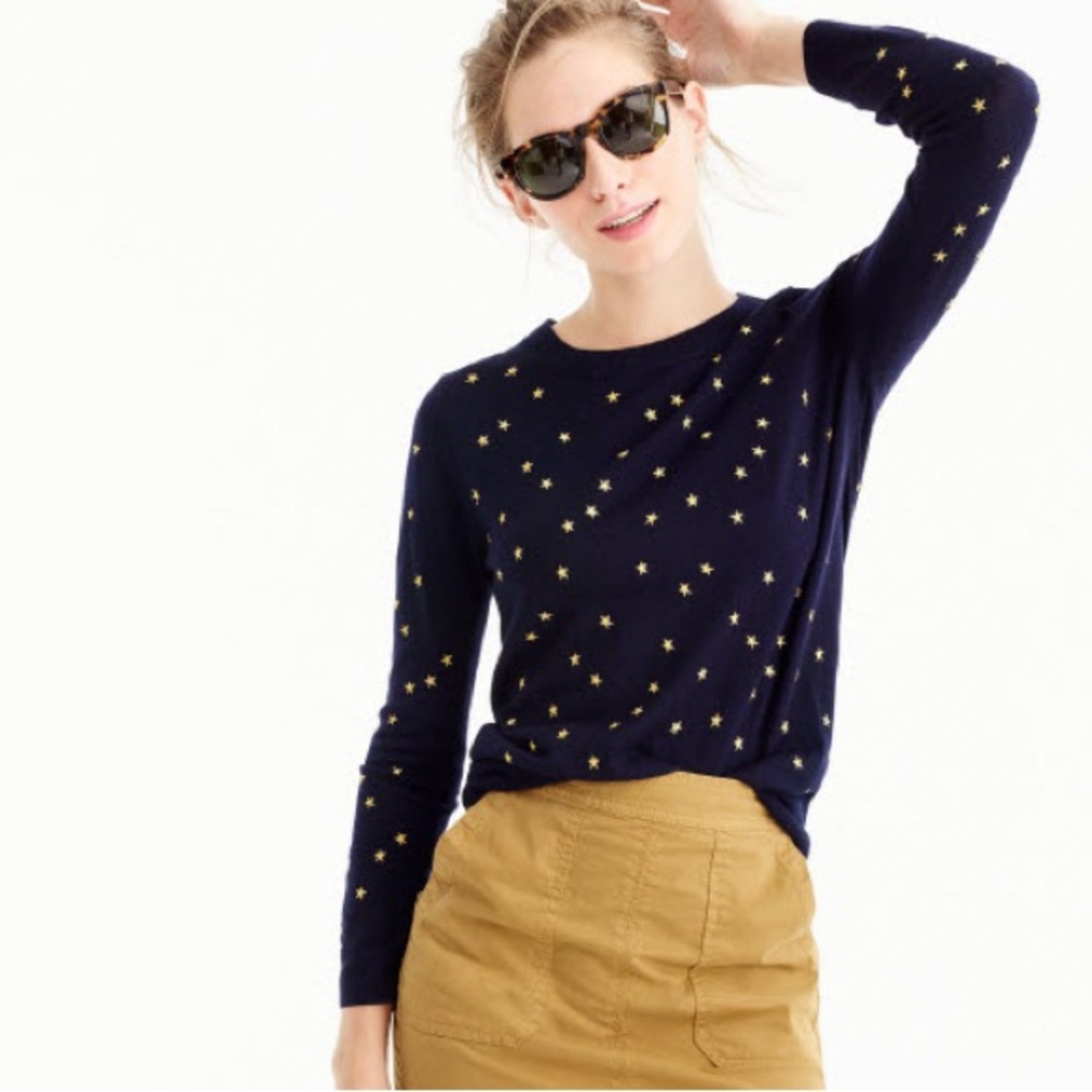 J. Crew Navy Blue Tippi Embroidered Gold Star Merino Wool Sweater